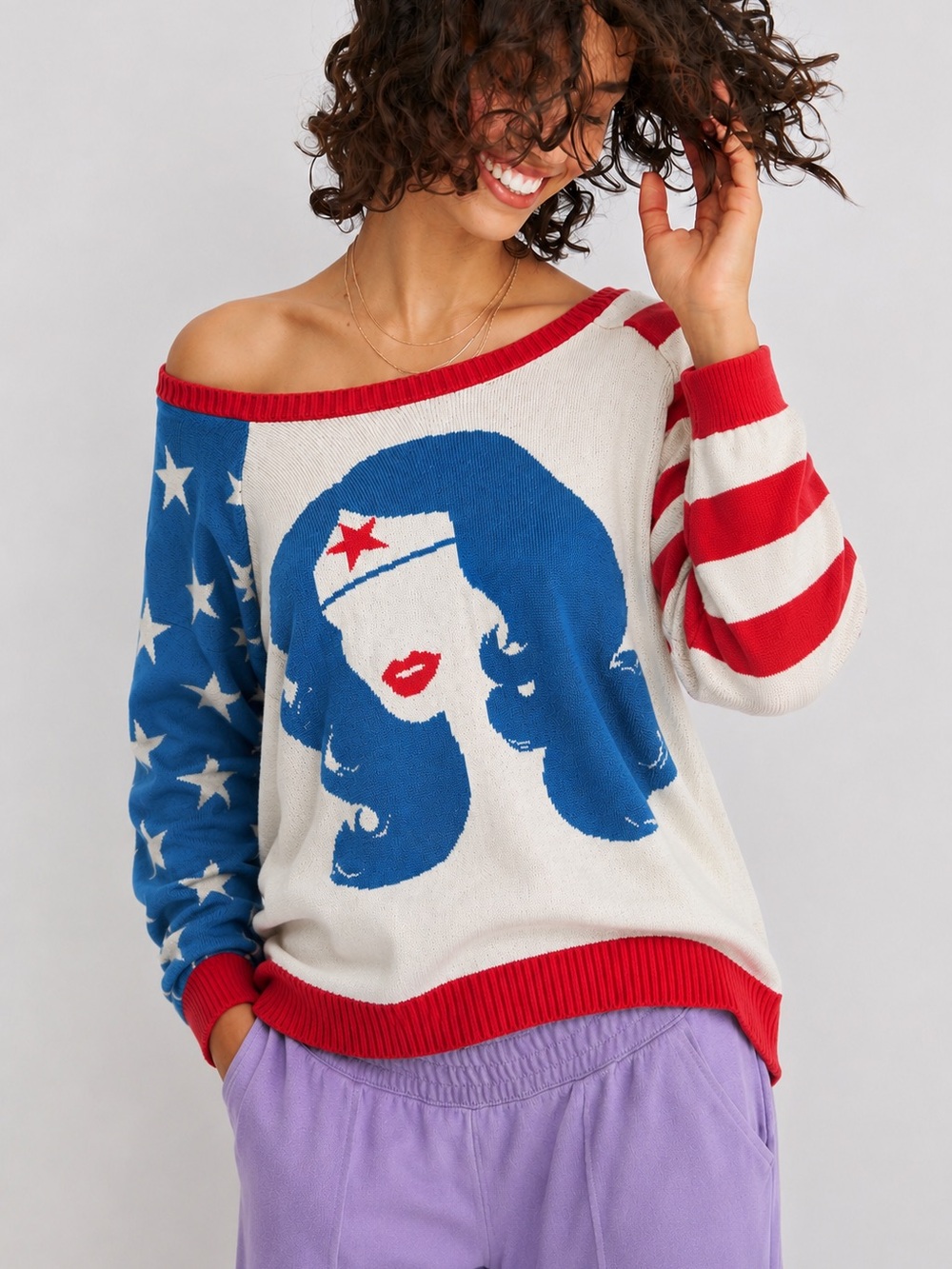DC Comics Wonder Woman Off-Shoulder Sweater in Red, Blue & White